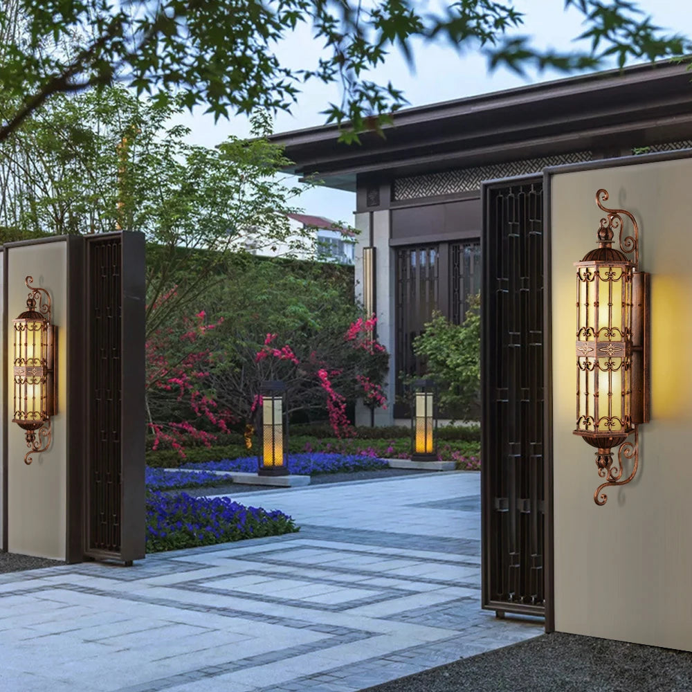 Outdoor Gold Wall Lamp Europe Retro Waterproof Vintage LED Porch Light Large Size Sconces for Decor House Villa Gate Base E27