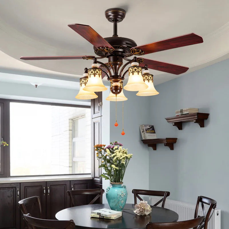 American ceiling fan lamp, dining room, living room, home fan lamp, European retro bedroom fan lamp with fan chandelier