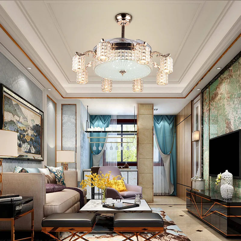 LED Crystal Gold Fan Lights Living Room Modern Fan With Remote Control Luxury Ceiling Fans 110V 220V Ceiling Fans Lighting