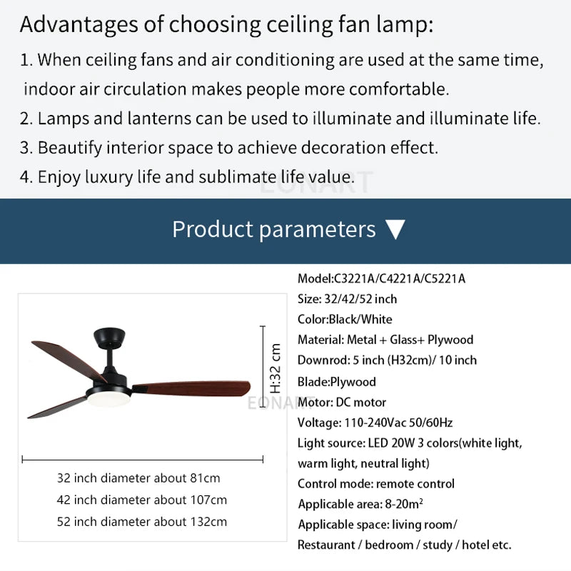 52Inch Led Ceiling Fan Lamp Roof Lighting Fan Modern Indoor Decorate Plywood Blade Dc Ceiling Fan With Remote Control Ventilador
