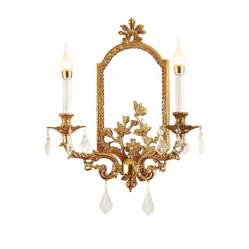 European Style Classic Rococo Wall Bracket Mirrors With Candle Light Bathroom Brass Wall Lamp Double Arms Indoor 2 Lights
