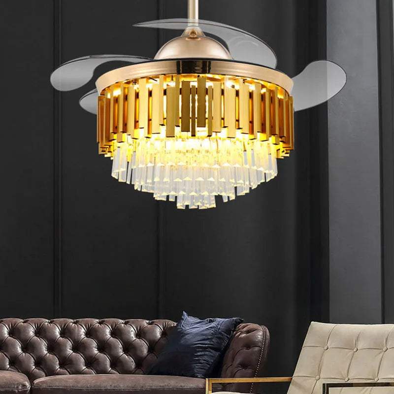 42 48 Inch Luxury Crystal Ceiling Fan With Light Modern Led Chandelier Remote Control Fan Lamp with Retractable Blades Bedroom