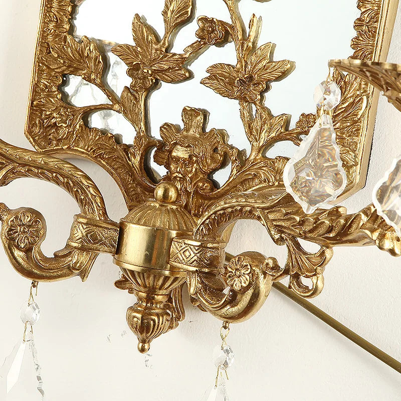 European Style Classic Rococo Wall Bracket Mirrors With Candle Light Bathroom Brass Wall Lamp Double Arms Indoor 2 Lights