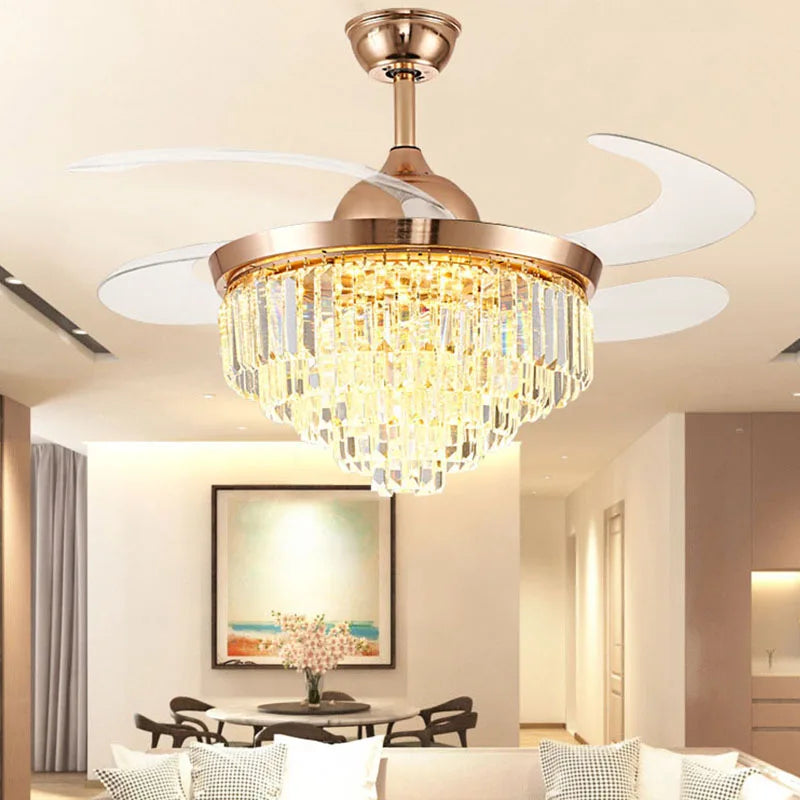 42 48 Inch Luxury Crystal Ceiling Fan With Light Modern Led Chandelier Remote Control Fan Lamp with Retractable Blades Bedroom