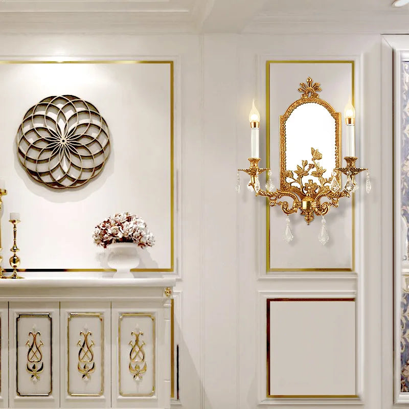 European Style Classic Rococo Wall Bracket Mirrors With Candle Light Bathroom Brass Wall Lamp Double Arms Indoor 2 Lights