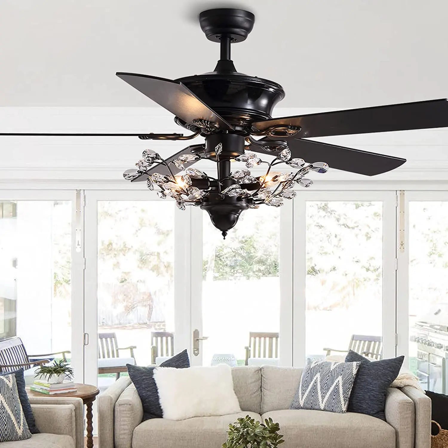 52 Inch Reversible Crystal Ceiling Fan with Lights, Vintage Chandelier Fan Light KIt Black Fandelier for Bedroom Living Room