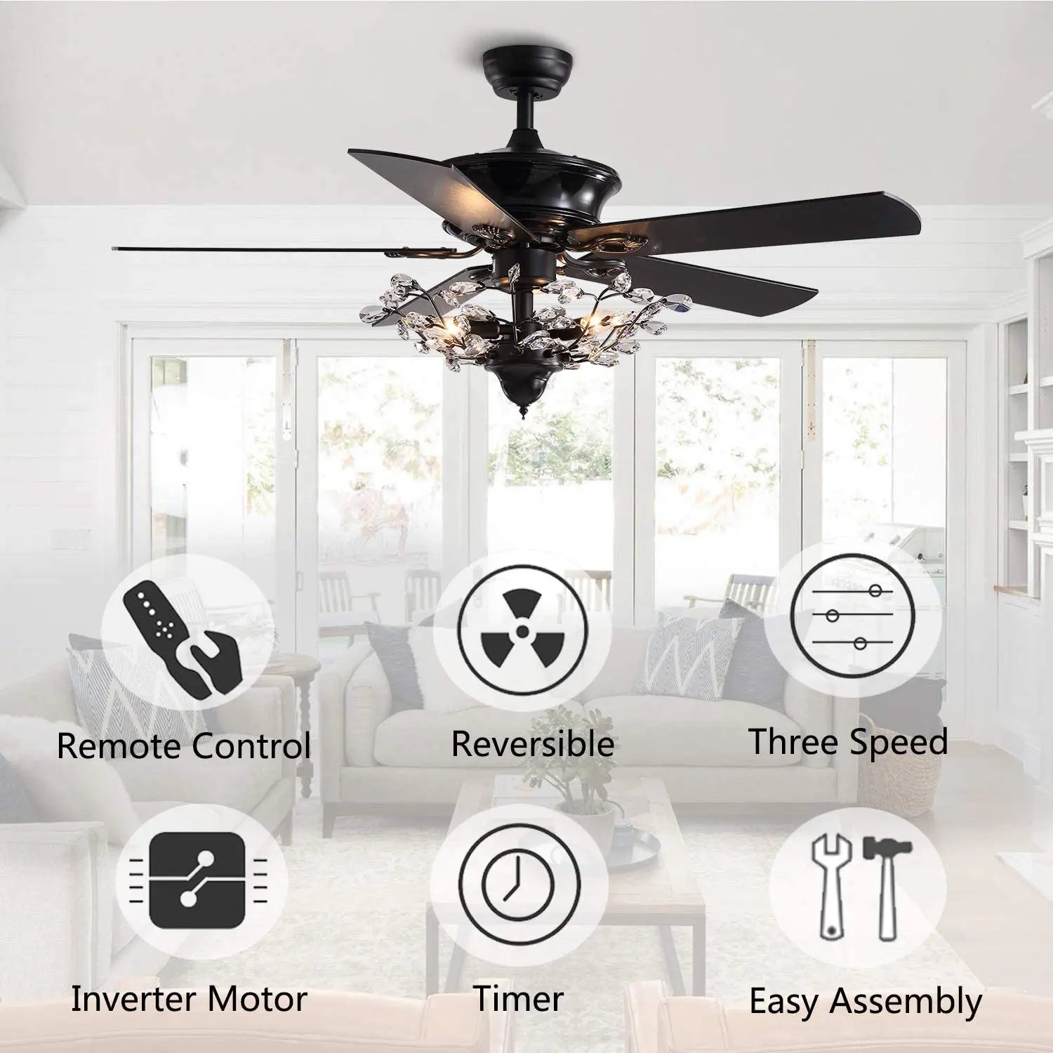 52 Inch Reversible Crystal Ceiling Fan with Lights, Vintage Chandelier Fan Light KIt Black Fandelier for Bedroom Living Room