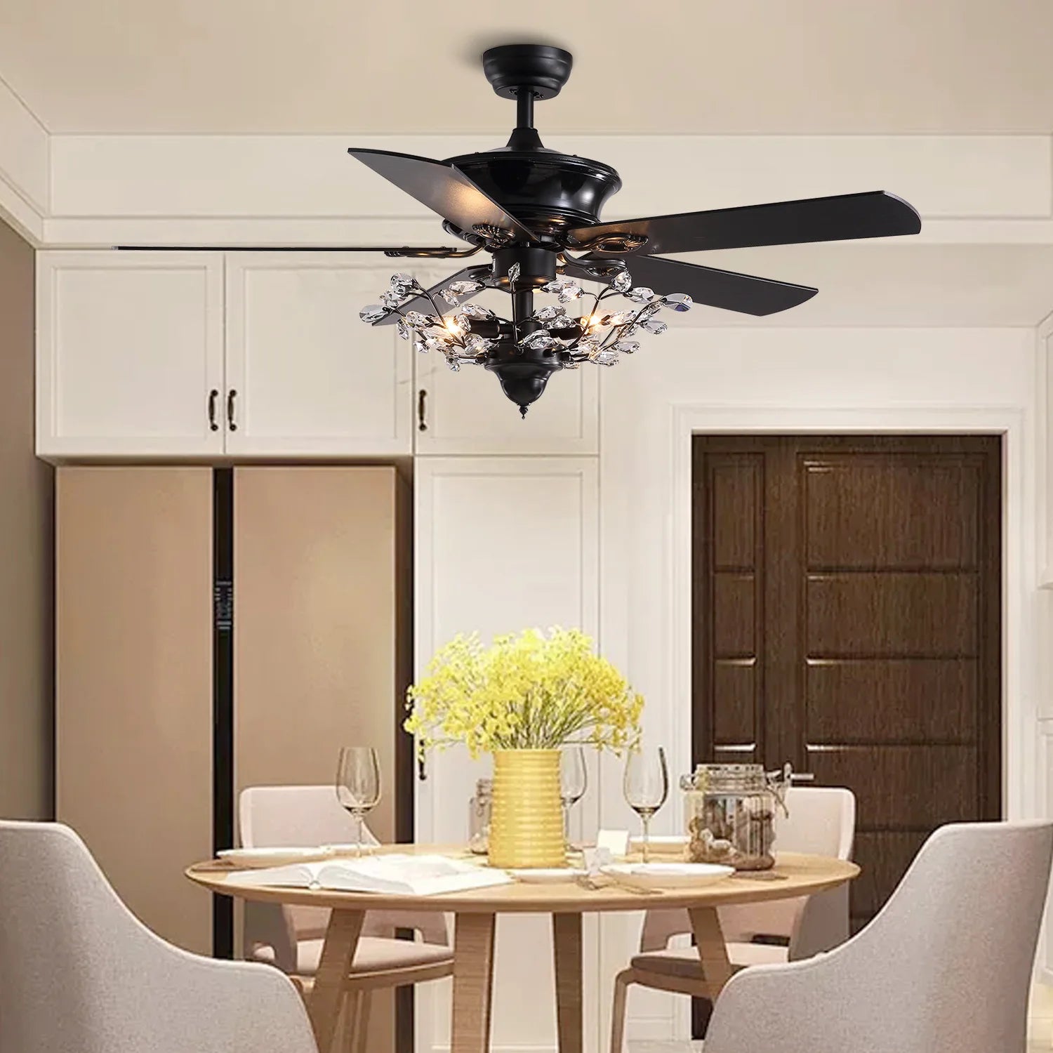 52 Inch Reversible Crystal Ceiling Fan with Lights, Vintage Chandelier Fan Light KIt Black Fandelier for Bedroom Living Room