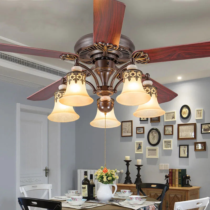 American ceiling fan lamp, dining room, living room, home fan lamp, European retro bedroom fan lamp with fan chandelier