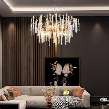 Tassel Crystal Pendant Light 60/80/100cm Round Gold Led Tree Branch Lustre Pendant Lights For Villa Living Room Dining Room Lamp