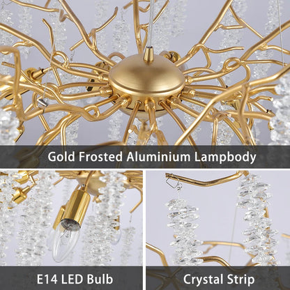 Tassel Crystal Pendant Light 60/80/100cm Round Gold Led Tree Branch Lustre Pendant Lights For Villa Living Room Dining Room Lamp