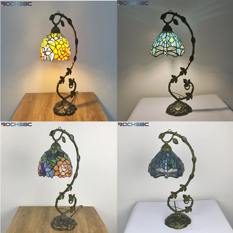 Tiffany Style Table Lamp Restaurant Bar Cafe LED Vintage Desk Lamp Bedside Colorful Glass Table Lamps Bedroom Nightstand Light