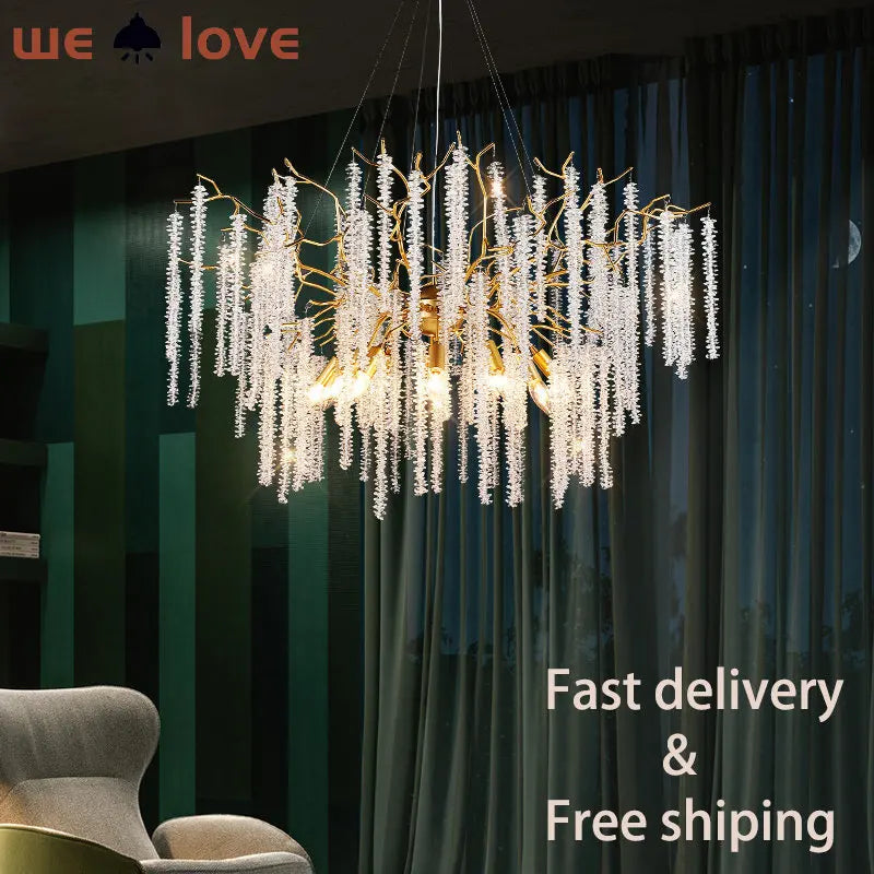 Tassel Crystal Pendant Light 60/80/100cm Round Gold Led Tree Branch Lustre Pendant Lights For Villa Living Room Dining Room Lamp