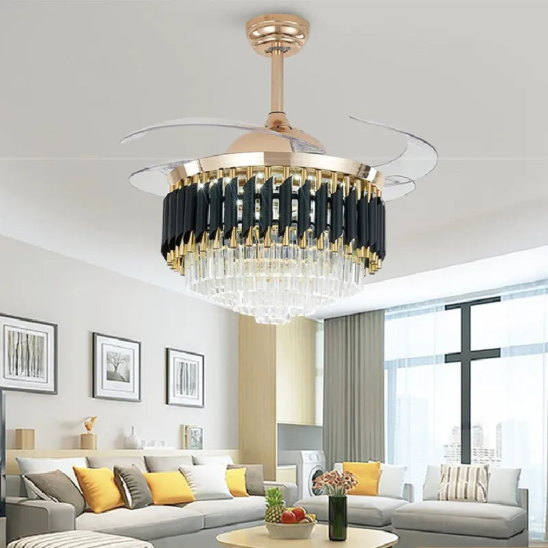 42 48 Inch Luxury Crystal Ceiling Fan With Light Modern Led Chandelier Remote Control Fan Lamp with Retractable Blades Bedroom