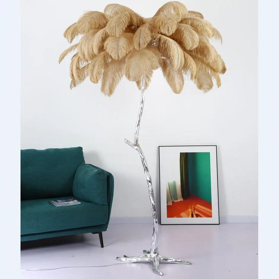 Gold/Silver Ostrich Feathers Floor Lamp for Living Room Home Decor Modern Luxury LED Stand Light Bedroom Corner Night Lighting