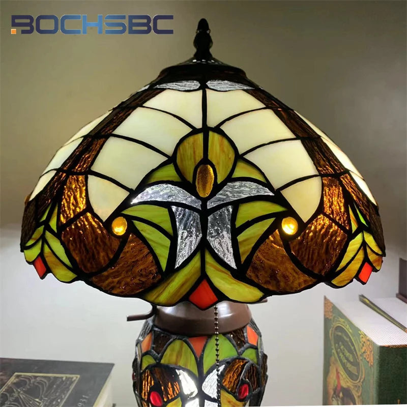 BOCHSBC Tiffany Table Lamp Vintage Style Bedroom Den stained glass hand-decorated exquisite double-headed reading table lamp