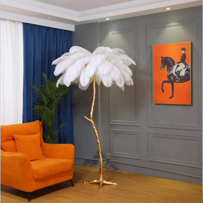 Gold/Silver Ostrich Feathers Floor Lamp for Living Room Home Decor Modern Luxury LED Stand Light Bedroom Corner Night Lighting