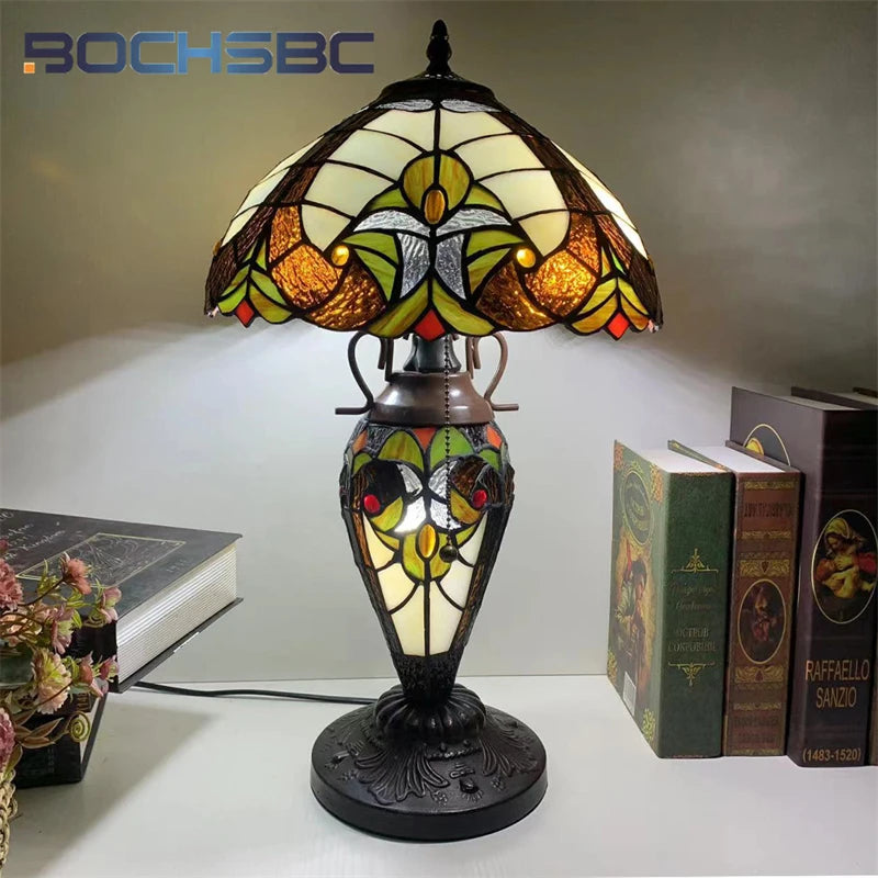 BOCHSBC Tiffany Table Lamp Vintage Style Bedroom Den stained glass hand-decorated exquisite double-headed reading table lamp