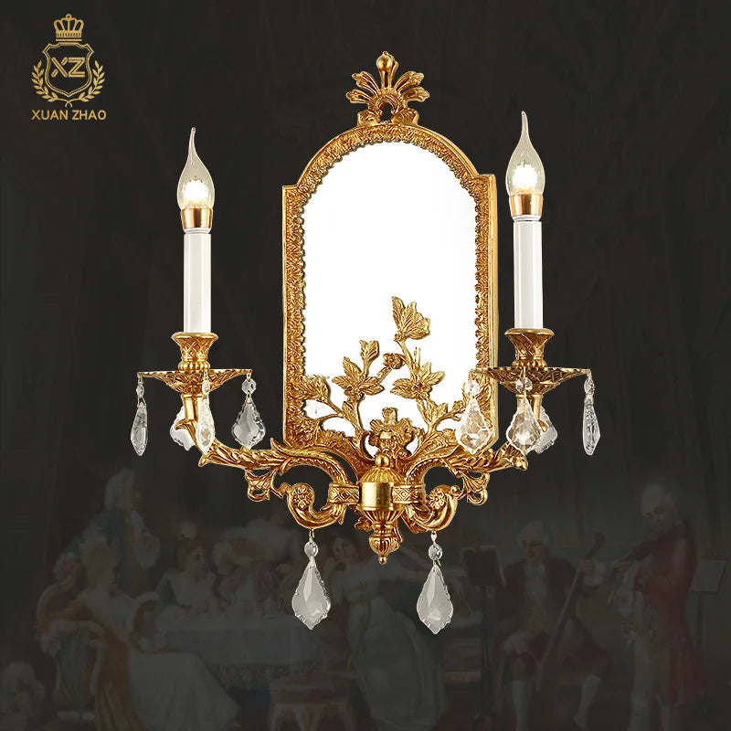 European Style Classic Rococo Wall Bracket Mirrors With Candle Light Bathroom Brass Wall Lamp Double Arms Indoor 2 Lights